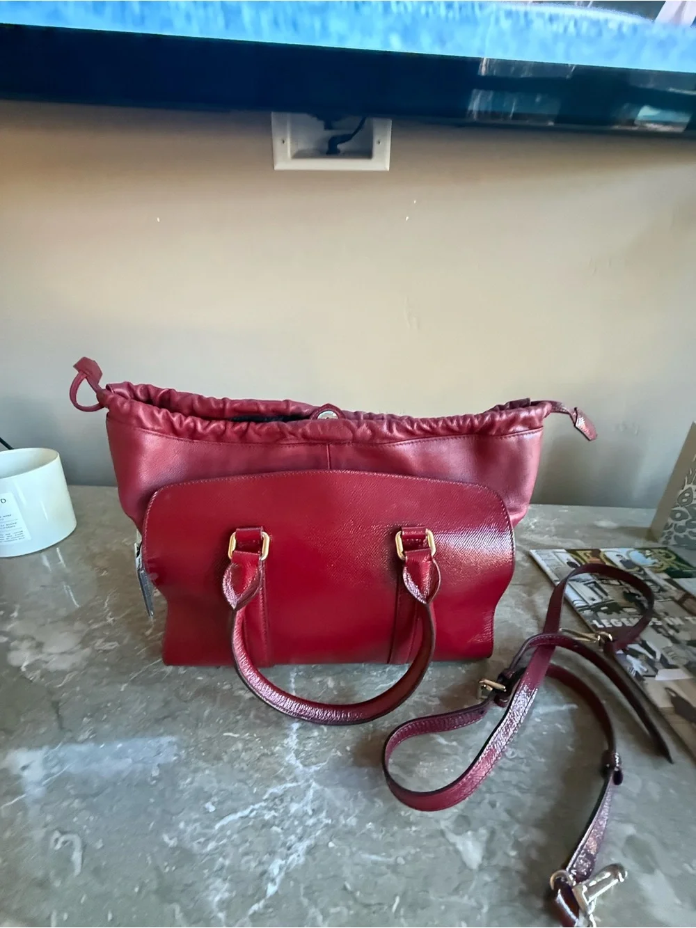 Burberry Burgundy Leather Satchel with Gold Hardware